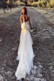 Beautiful Lace Tulle V-Neck Mermaid Ivory Sexy Sleeveless Backless Wedding Dresses Rjerdress