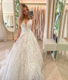 Beautiful Long A-line Lace Wedding Gowns Elegant Bride Dress Rjerdress