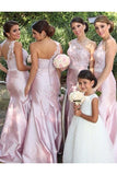 Beautiful One Shoulder Lace Appliques Long Mermaid Pink Bridesmaid Dress