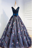 Beautiful Prom Dresses Ball Gown V Neck Lace Beading Bowknot Tulle Evening Dress Rjerdress