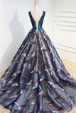 Beautiful Prom Dresses Ball Gown V Neck Lace Beading Bowknot Tulle Evening Dress Rjerdress
