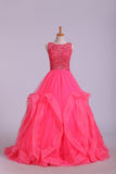 Beautiful Scoop Ball Gown Tulle Floor Length With Beads Party Dresses