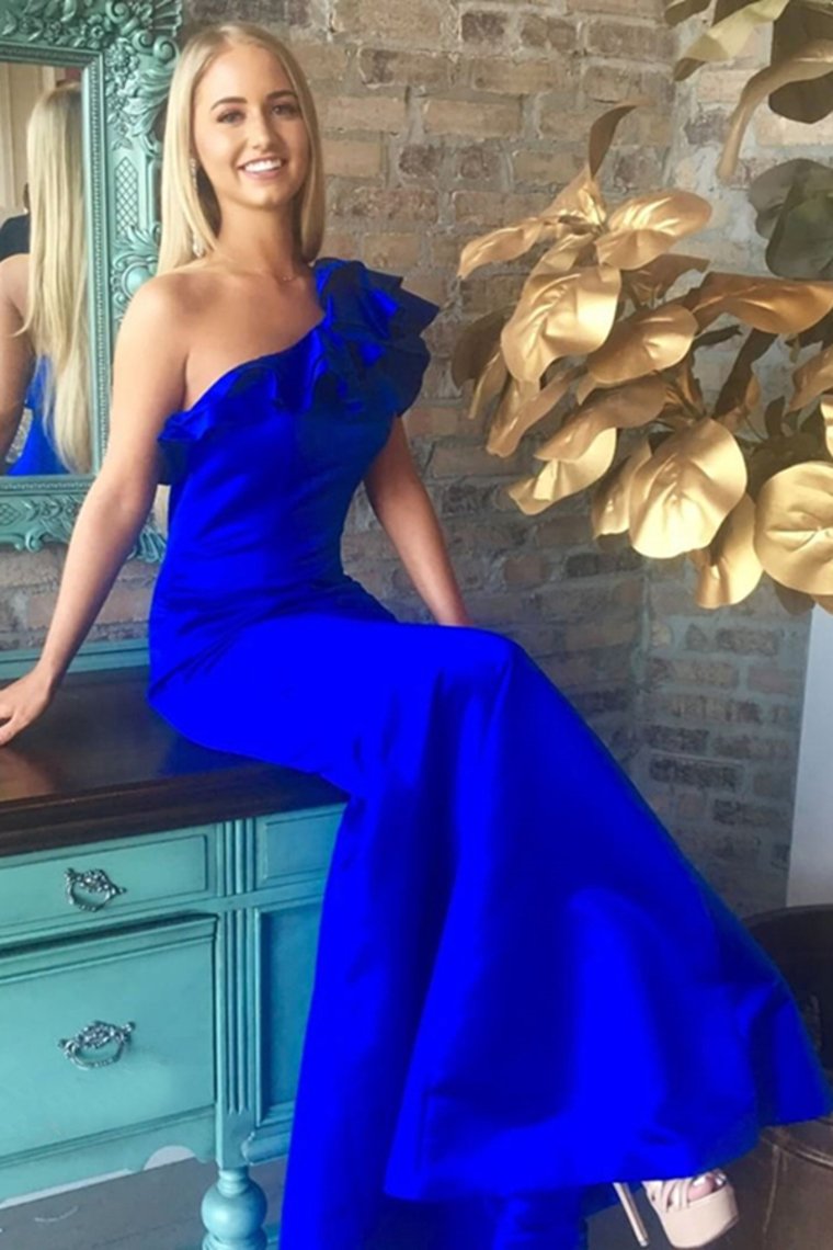 Beautiful Sheath Long One Shoulder Royal Blue Prom Dresses Women Dresses Rjerdress