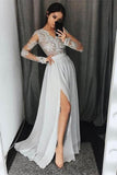 Beautiful Silver Chiffon Lace V-Neck Simple Cheap Elegant Prom Dresses With Sleeves Rjerdress