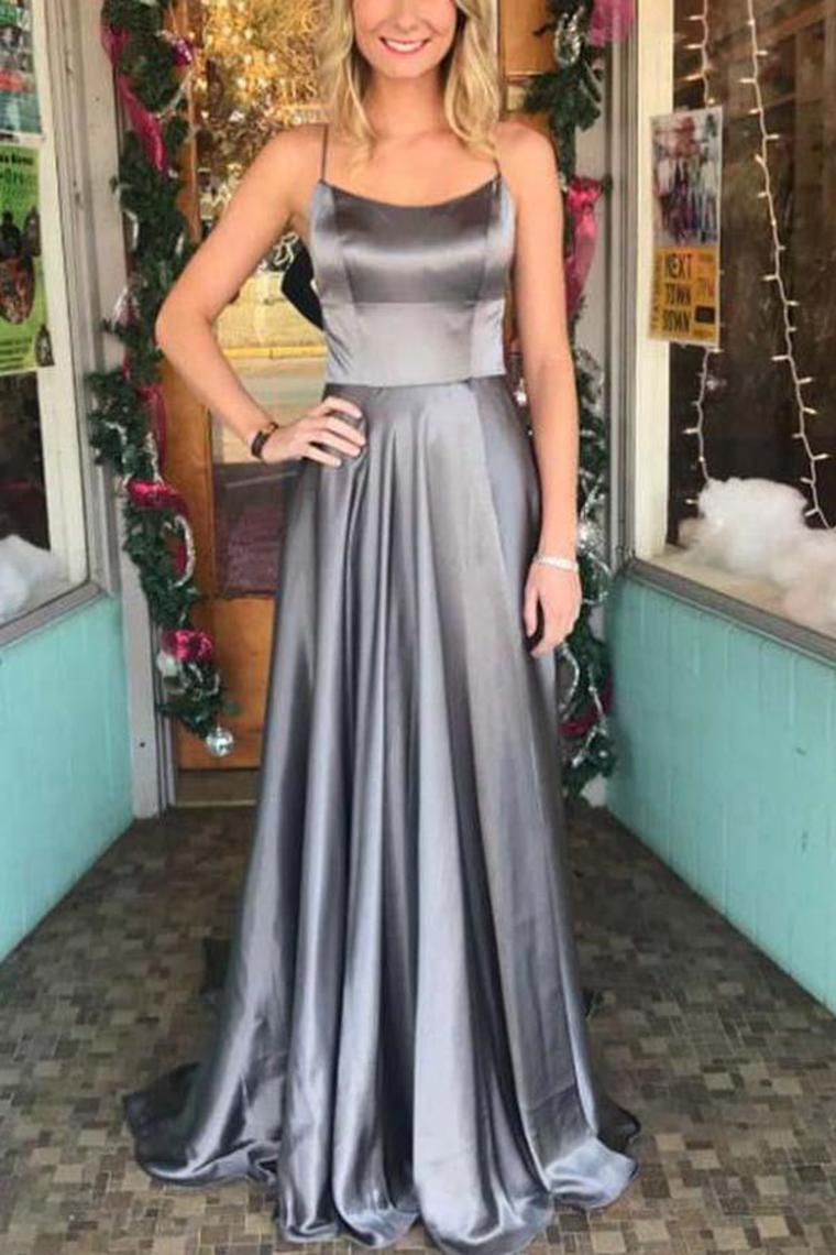 Beautiful Silver Gray Long A-Line Spaghetti Straps Prom Dresses Rjerdress
