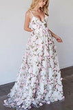 Beautiful Spaghetti Straps Floral Lace V-Neck Open Back Tulle Pink Prom Dresses UK Rrjs522