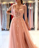 Beautiful Straps Pink A-Line Elegant Appliques Long Prom Dresses With Split
