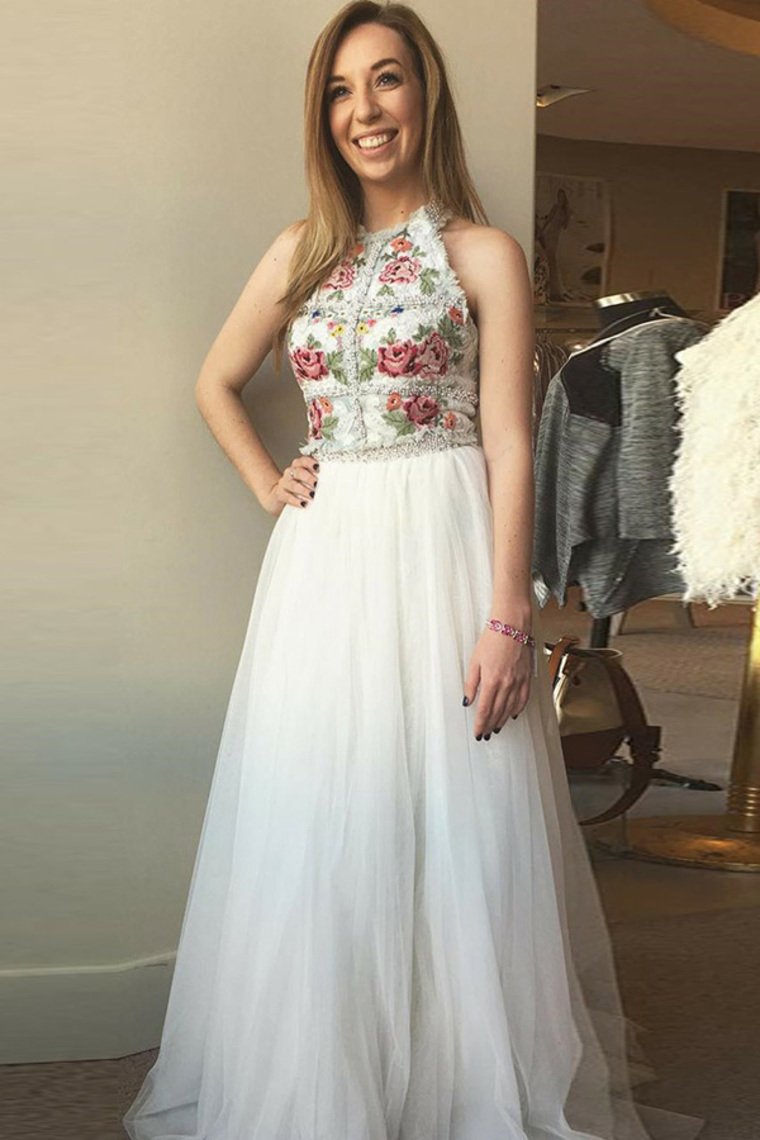 Beautiful Two Piece Elegant Ivory Embroidery Prom Dresses Rjerdress