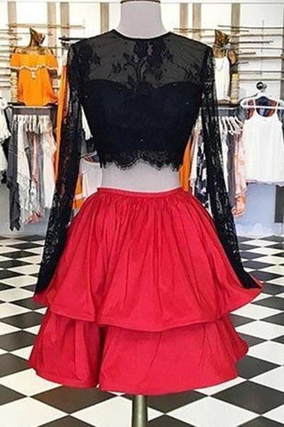 Beautiful red satins black lace long sleeves Two Piece short Homecoming dress casual dresses Rjerdress