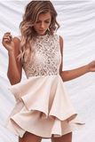 Beige Sheer Crochet Lace Panel Sleeveless Layered Cocktail Dress Cap Sleeve Homecoming Dresses RJS870