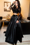 Black A Line Lace Two Pieces Long Sleeve Prom Dresses