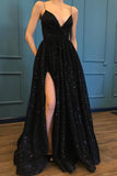 Black A Line Spaghetti Straps Sparkle Long Prom Dresses with Pockets V Neck Sequins Slit Party Gown