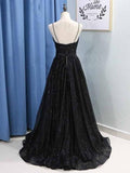 Black A Line Spaghetti Straps Sparkle Long Prom Dresses with Pockets V Neck Sequins Slit Party Gown Rjerdress