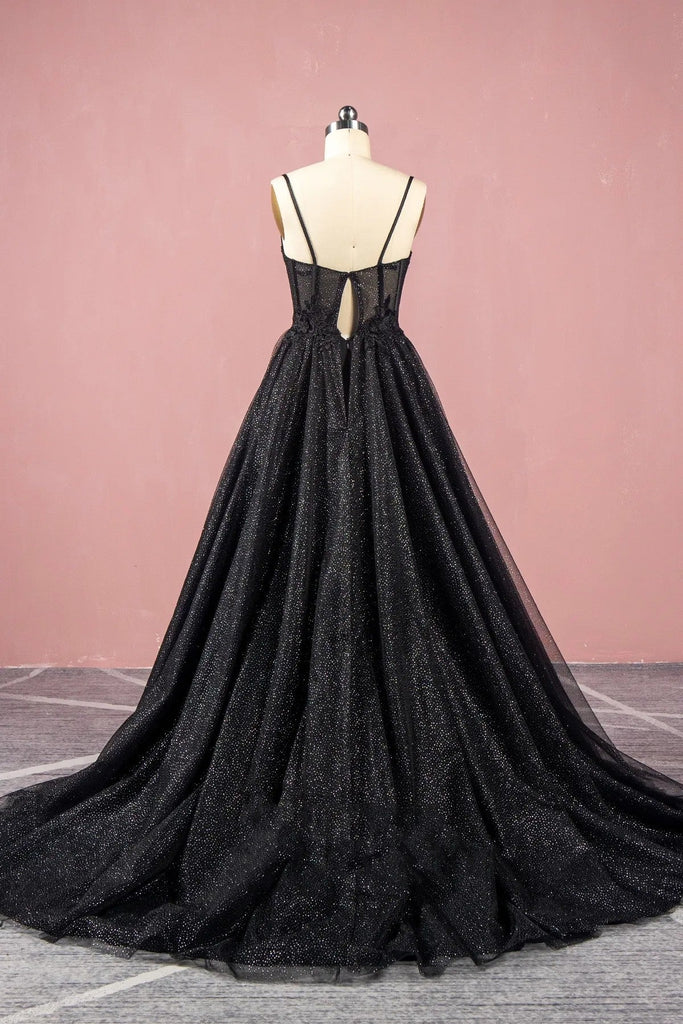 Black A Line Sweetheart Lace Aqppliques Tulle Prom Dresses Slit – Rjerdress