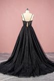 Black A Line Sweetheart Lace Aqppliques Tulle Prom Dresses Slit Rjerdress