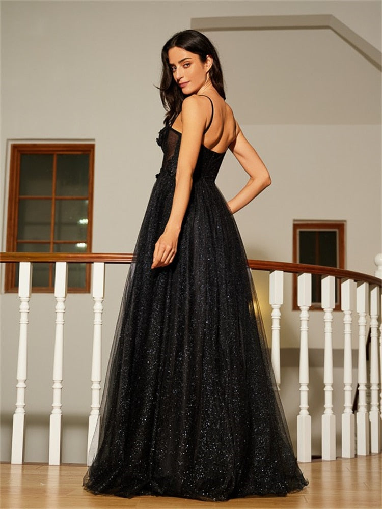 Black A Line Sweetheart Lace Aqppliques Tulle Prom Dresses Slit – Rjerdress