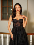 Black A Line Sweetheart Lace Aqppliques Tulle Prom Dresses Slit Rjerdress