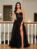 Black A Line Sweetheart Lace Aqppliques Tulle Prom Dresses Slit