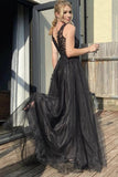 Black A-line V-neck Lace Tulle Long Prom Dresses Rjerdress