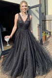Black A-line V-neck Lace Tulle Long Prom Dresses Rjerdress