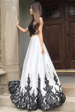 Black Amd White Two Piece Long Lace Satin Open Back Prom Dresses