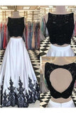 Black Amd White Two Piece Long Lace Satin Open Back Prom Dresses Rjerdress