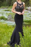 Black Chiffon Sequins Round Neck Mermaid Long Prom Dresses Rjerdress