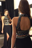 Black Chiffon Two Pieces Long High Neck Mid Section Detachable Skirt White Prom Dresses RJS983
