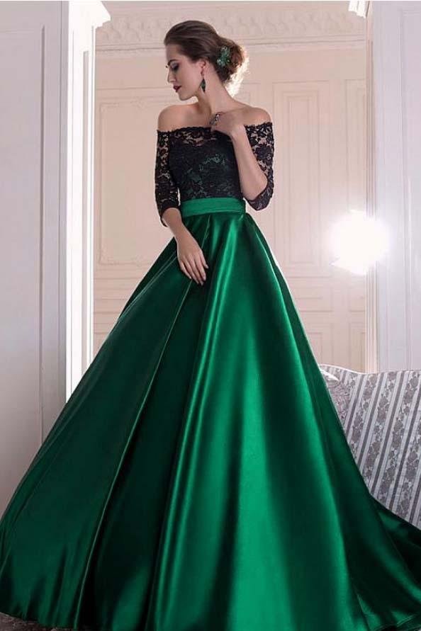 Off Shoulder Dark Green Lace Long Prom Dresses, Dark Green Lace