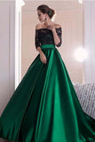 Black & Dark Green A Line Satin Off the Shoulder 3/4 Sleeves Ruffles Lace Prom Dresses Rjerdress