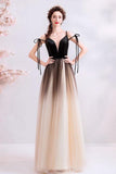Black Deep V Neck Sleeveless Floor Length Tulle Prom Dress Rjerdress