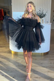 Black Detachable Long Sleeve Tulle Short Homecoming Dresses with Ruffle