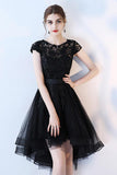 Black High Low A Line Scoop Cap Sleeve Tulle Homecoming Dresses with Lace Cocktail Dress Rjerdress