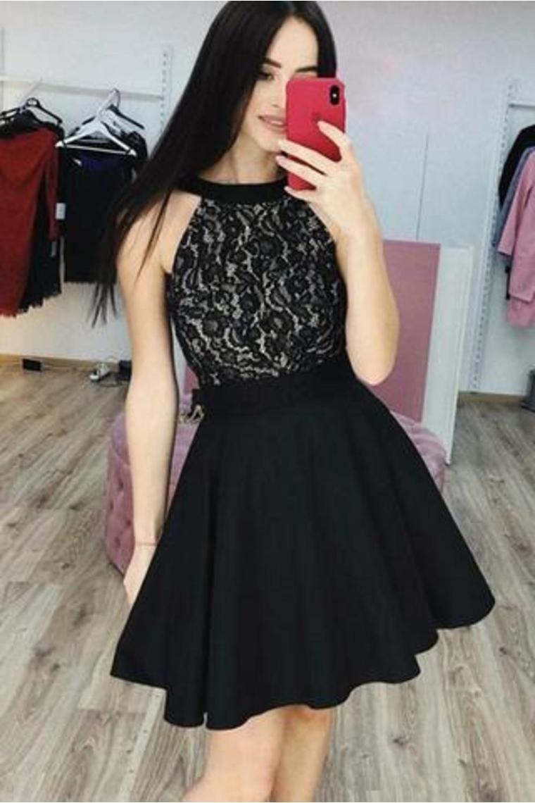 Black Lace& Chiffon Heap Homecoming Dresses, A Line Sleeveless Short Cocktail Dress Rjerdress