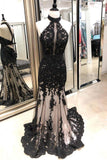 Black Lace Mermaid Long Tulle Halter Backless Beads Prom Dresses Cheap Evening Dresses RJS224