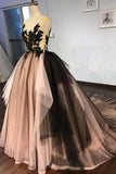 Black Lace V Neck A Line Tulle Formal Prom Dress Long Lace up Ball Gown Evening Dresses RJS294