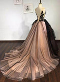 Black Lace V Neck A Line Tulle Formal Prom Dress Long Lace up Ball Gown Evening Dresses RJS294 Rjerdress