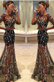 Black Lace With Embroidery Mermaid Prom Dresses Bateau Sweep/Brush Zipper Back 3/4 Sleeves