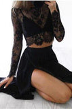 Black Long Sleeves Sexy Slit Two Piece Cheap A-line High Neck Lace Chiffon Prom Dresses Rrjs868 Rjerdress