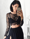 Black Long Sleeves Sexy Slit Two Piece Cheap A-line High Neck Lace Chiffon Prom Dresses Rrjs868 Rjerdress