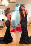 Black Mermaid Backless Sexy Long Open Back Sequins Deep V-Neck Halter Prom Dresses RJS175