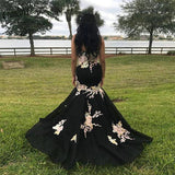 Black Mermaid Prom Dresses Strapless Embroidery Applique Sexy Prom Dresses Rjerdress