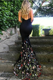 Black Mermaid Stretch Satin Spaghetti Straps V-Neck Court Train Prom Dresses With Appliques Rjerdress