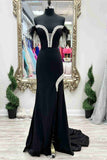 Black Off Shoulder Feather Beaded Mermaid Slit Prom Dress Long Evening Dresses RJS977