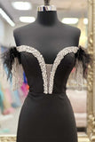 Black Off Shoulder Feather Beaded Mermaid Slit Prom Dress Long Evening Dresses RJS977 Rjerdress