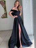 Black Off The Shoulder Stretch Satin Prom Dresses A Line With Applique And Slit Rjerdress