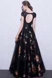 Black Prom Dresses Scoop A-Line Floral Print Sexy Long Lace Prom Dress Rjerdress