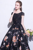 Black Prom Dresses Scoop A-Line Floral Print Sexy Long Lace Prom Dress Rjerdress