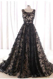 Black Round Neck Tulle Long Beads Lace A-Line Lace up Sleeveless Prom Dresses UK RJS396 Rjerdress
