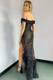 Black Sequin Feather Off The Shoulder Prom Dress with Slit Rjerdress